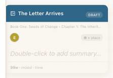 A scene card showing the header, character avatars, place badge, summary, and footer