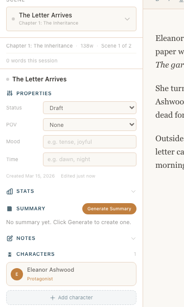 The scene details sidebar showing summary, characters, and places